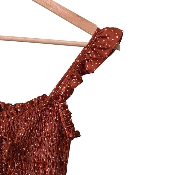 Storia Smocked Tiered Maternity Rust Polka Dot Midi Dress in Size Small - Picture 11 of 14